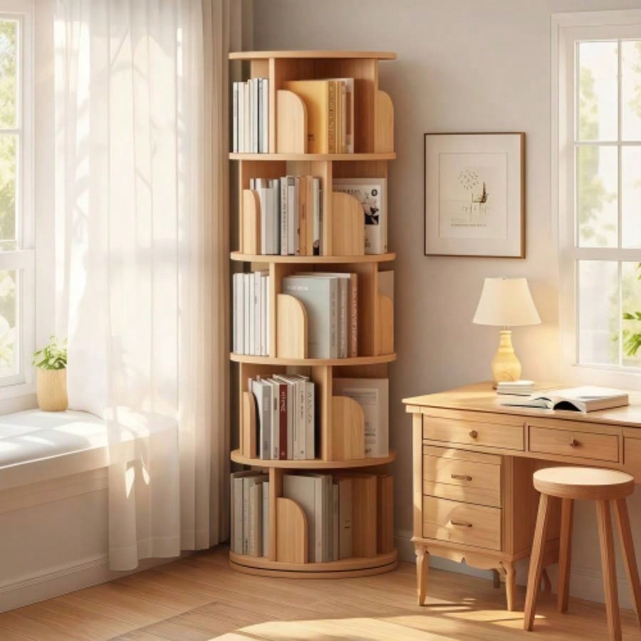 6 Tier Rotating Bookshelf, 360 Display Round Spinning Bookshelf with Wheels and Drawer, Space - Saving, Small Space Rotating Bookshelf Tower Bedroom, Living Room, Home, Office, Wood Color