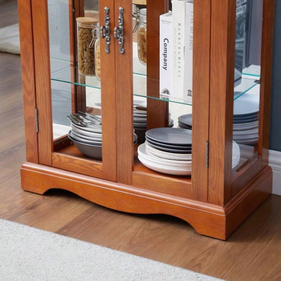 Lighted Glass Curio Display Cabinet, Display Cabinet, Glass Storage Cabinet Glass Wine cabinet Wood Frame Toy Display Living Room, Kitchen, Pantry light bulb included OAK