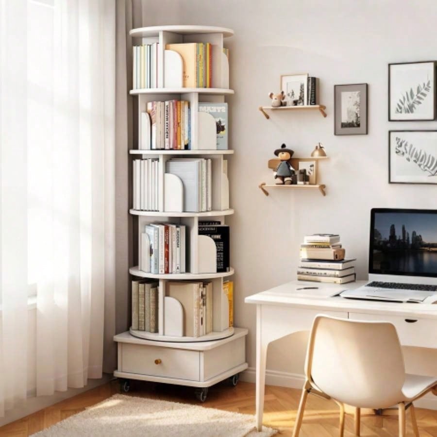 6 Tier Rotating Bookshelf, 360 Display Round Spinning Bookshelf with Wheels and Drawer, Space - Saving, Small Space Rotating Bookshelf Tower Bedroom, Living Room, Home, Office, Wood Color