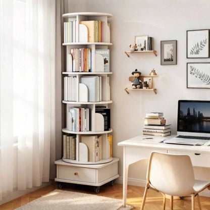 6 Tier Rotating Bookshelf, 360 Display Round Spinning Bookshelf with Wheels and Drawer, Space - Saving, Small Space Rotating Bookshelf Tower Bedroom, Living Room, Home, Office, Wood Color