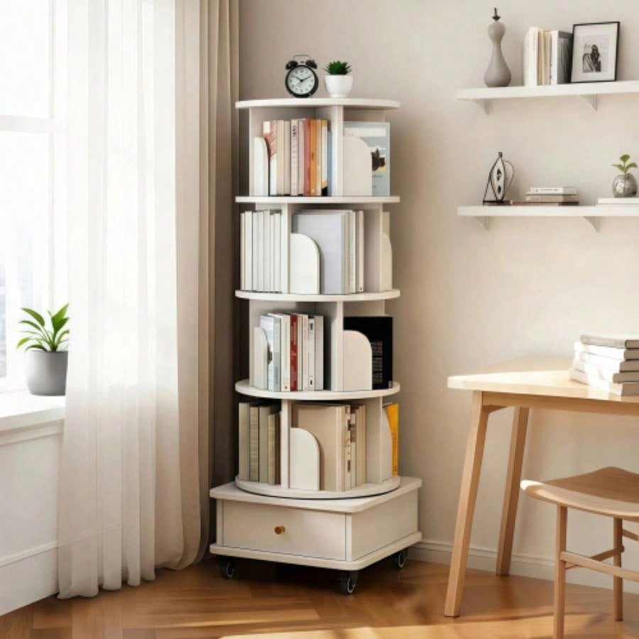 6 Tier Rotating Bookshelf, 360 Display Round Spinning Bookshelf with Wheels and Drawer, Space - Saving, Small Space Rotating Bookshelf Tower Bedroom, Living Room, Home, Office, Wood Color