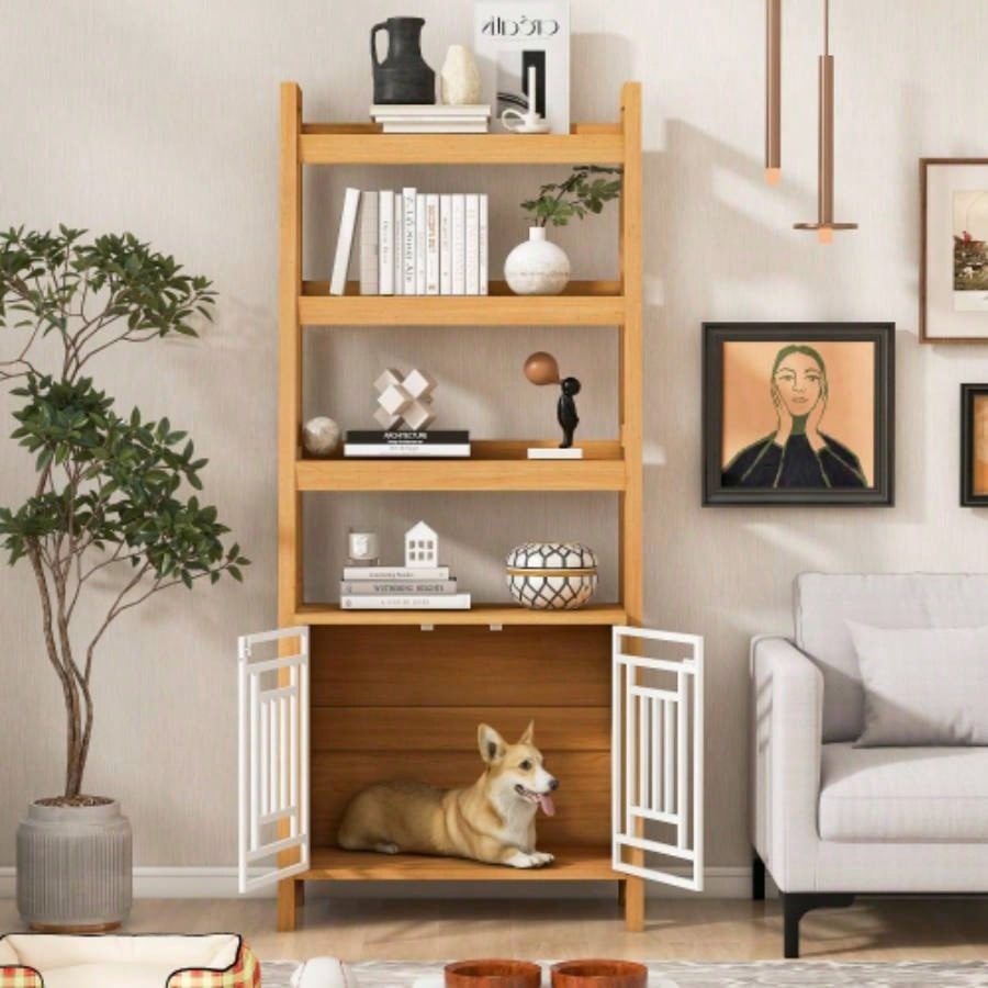 Modern 2 IN 1 Dog Furniture Dog Crate Ladder Bookshelf, Tall Wood Display Shelf with Storage, Dog Kennel Bookcase