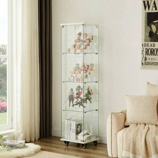 4 Tier Glass Display Cabinet, Single Door Glass Cabinet with Lock and Wheels, Floor Standing Storage Cabinet with 3 Acrylic Shelves Living Room, Bedroom and Office, White, 15.8Lx 14.2x 65.1H