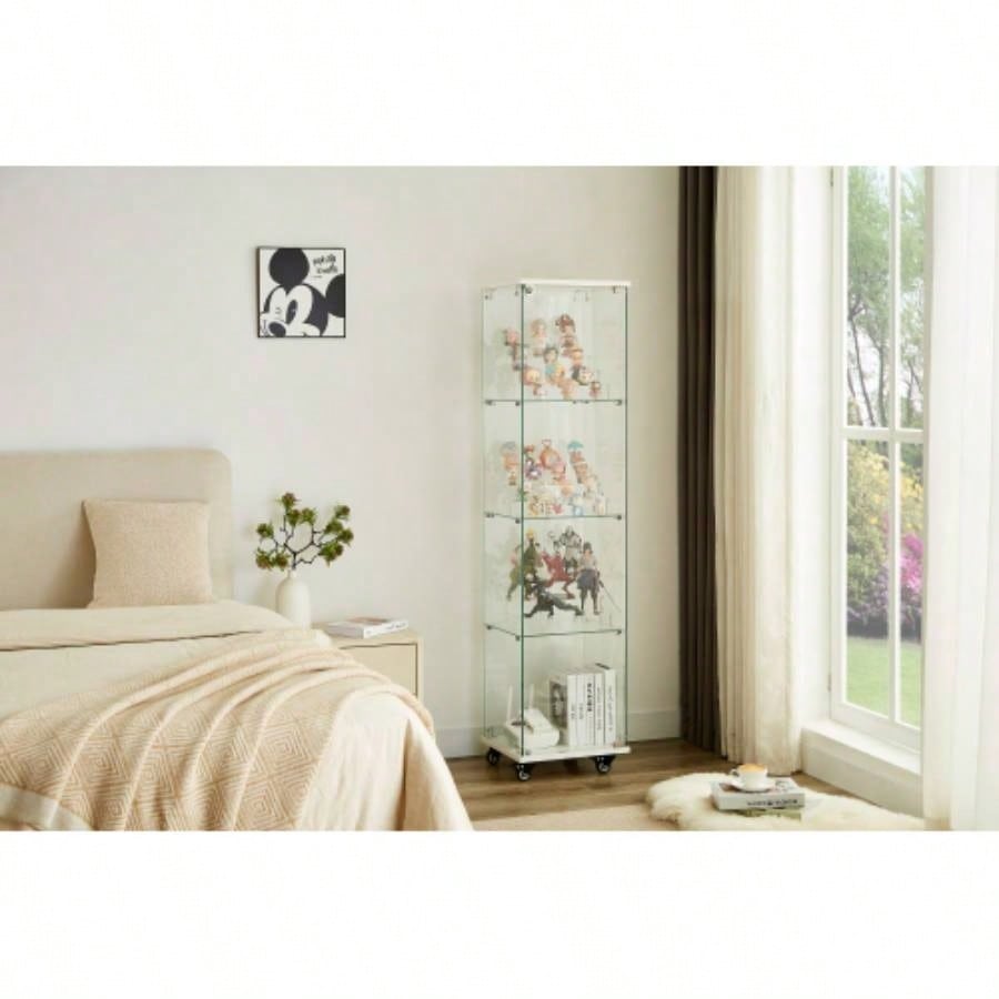 4 Tier Glass Display Cabinet, Single Door Glass Cabinet with Lock and Wheels, Floor Standing Storage Cabinet with 3 Acrylic Shelves Living Room, Bedroom and Office, White, 15.8Lx 14.2x 65.1H