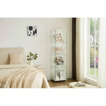 4 Tier Glass Display Cabinet, Single Door Glass Cabinet with Lock and Wheels, Floor Standing Storage Cabinet with 3 Acrylic Shelves Living Room, Bedroom and Office, White, 15.8Lx 14.2x 65.1H