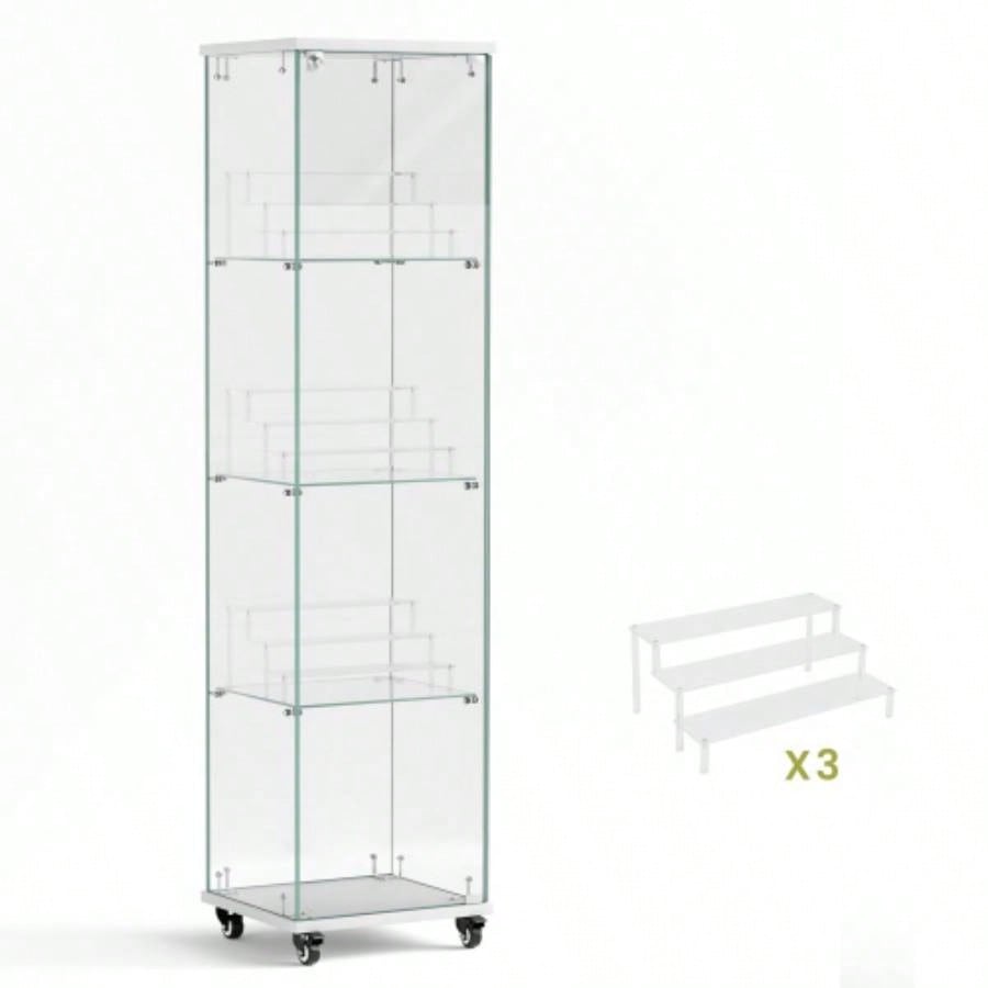 4 Tier Glass Display Cabinet, Single Door Glass Cabinet with Lock and Wheels, Floor Standing Storage Cabinet with 3 Acrylic Shelves Living Room, Bedroom and Office, White, 15.8Lx 14.2x 65.1H