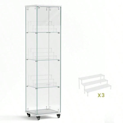 4 Tier Glass Display Cabinet, Single Door Glass Cabinet with Lock and Wheels, Floor Standing Storage Cabinet with 3 Acrylic Shelves Living Room, Bedroom and Office, White, 15.8Lx 14.2x 65.1H