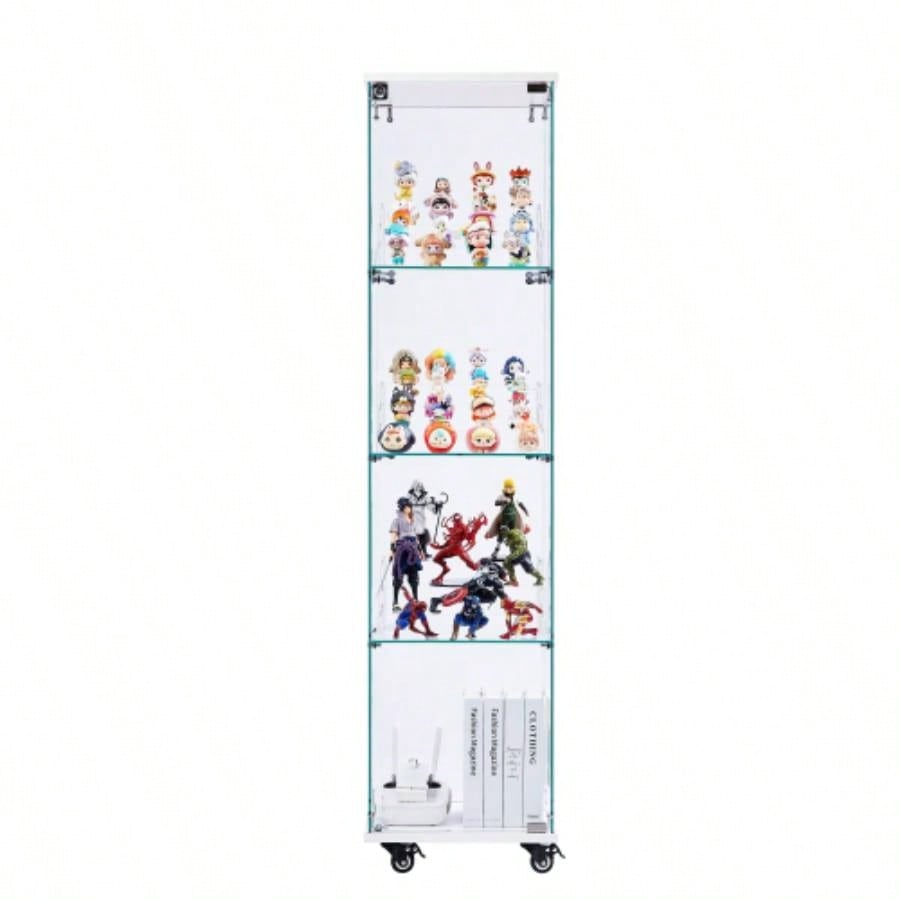 4 Tier Glass Display Cabinet, Single Door Glass Cabinet with Lock and Wheels, Floor Standing Storage Cabinet with 3 Acrylic Shelves Living Room, Bedroom and Office, White, 15.8Lx 14.2x 65.1H