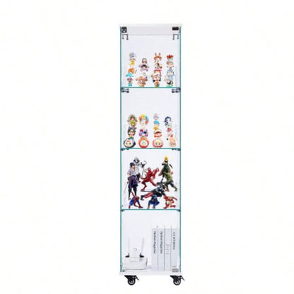 4 Tier Glass Display Cabinet, Single Door Glass Cabinet with Lock and Wheels, Floor Standing Storage Cabinet with 3 Acrylic Shelves Living Room, Bedroom and Office, White, 15.8Lx 14.2x 65.1H