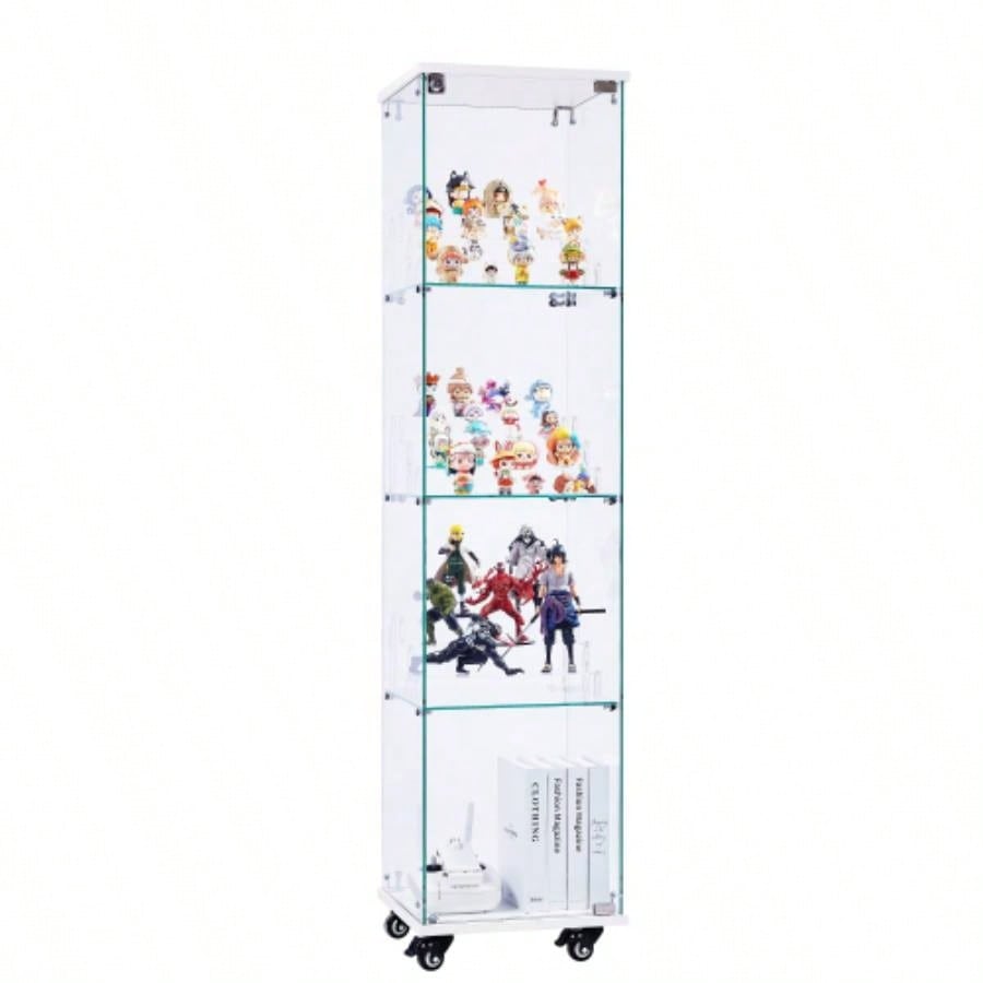 4 Tier Glass Display Cabinet, Single Door Glass Cabinet with Lock and Wheels, Floor Standing Storage Cabinet with 3 Acrylic Shelves Living Room, Bedroom and Office, White, 15.8Lx 14.2x 65.1H