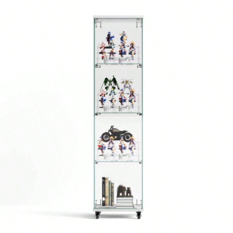 4 Tier Glass Display Cabinet, Single Door Glass Cabinet with Lock and Wheels, Floor Standing Storage Cabinet with 3 Acrylic Shelves Living Room, Bedroom and Office, White, 15.8Lx 14.2x 65.1H