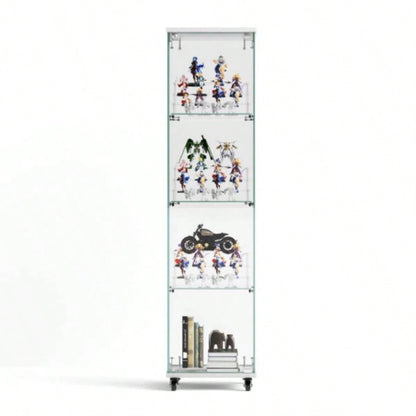 4 Tier Glass Display Cabinet, Single Door Glass Cabinet with Lock and Wheels, Floor Standing Storage Cabinet with 3 Acrylic Shelves Living Room, Bedroom and Office, White, 15.8Lx 14.2x 65.1H