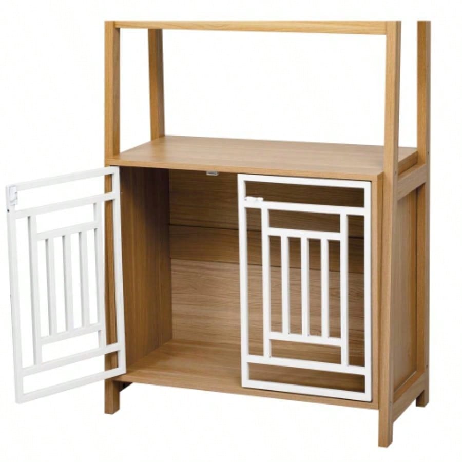 Modern 2 IN 1 Dog Furniture Dog Crate Ladder Bookshelf, Tall Wood Display Shelf with Storage, Dog Kennel Bookcase