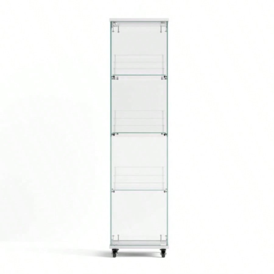 4 Tier Glass Display Cabinet, Single Door Glass Cabinet with Lock and Wheels, Floor Standing Storage Cabinet with 3 Acrylic Shelves Living Room, Bedroom and Office, White, 15.8Lx 14.2x 65.1H