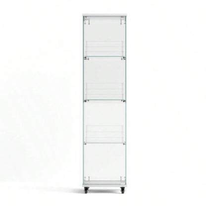 4 Tier Glass Display Cabinet, Single Door Glass Cabinet with Lock and Wheels, Floor Standing Storage Cabinet with 3 Acrylic Shelves Living Room, Bedroom and Office, White, 15.8Lx 14.2x 65.1H