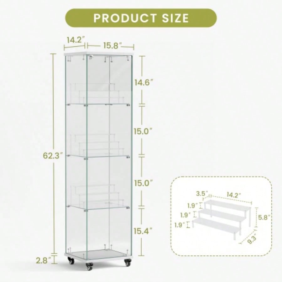 4 Tier Glass Display Cabinet, Single Door Glass Cabinet with Lock and Wheels, Floor Standing Storage Cabinet with 3 Acrylic Shelves Living Room, Bedroom and Office, White, 15.8Lx 14.2x 65.1H