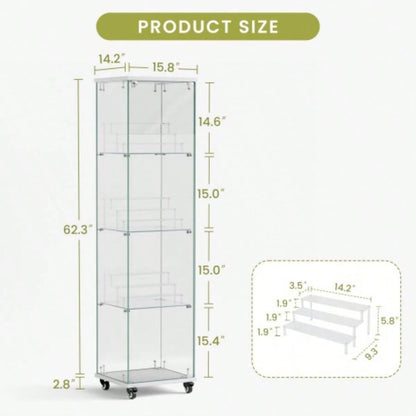 4 Tier Glass Display Cabinet, Single Door Glass Cabinet with Lock and Wheels, Floor Standing Storage Cabinet with 3 Acrylic Shelves Living Room, Bedroom and Office, White, 15.8Lx 14.2x 65.1H