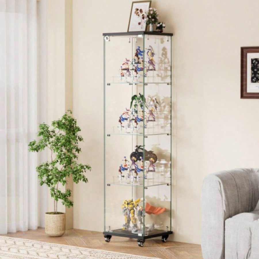 4 Tier Glass Display Cabinet, Single Door Glass Cabinet with Lock and Wheels, Floor Standing Storage Cabinet with 3 Acrylic Shelves Living Room, Bedroom and Office, White, 15.8Lx 14.2x 65.1H