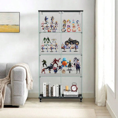 4 Tier Glass Display Cabinet, Single Door Glass Cabinet with Lock and Wheels, Floor Standing Storage Cabinet with 3 Acrylic Shelves Living Room, Bedroom and Office, White, 15.8Lx 14.2x 65.1H