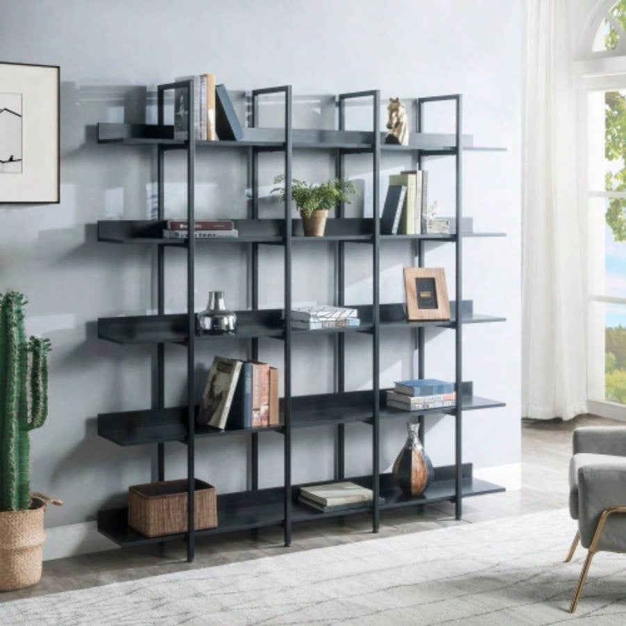 VIDEO 5 Tier Bookcase Home Office Open Bookshelf, Vintage Industrial Style Shelf with Metal Frame, MDF Board Old Sku: WF286176AAB