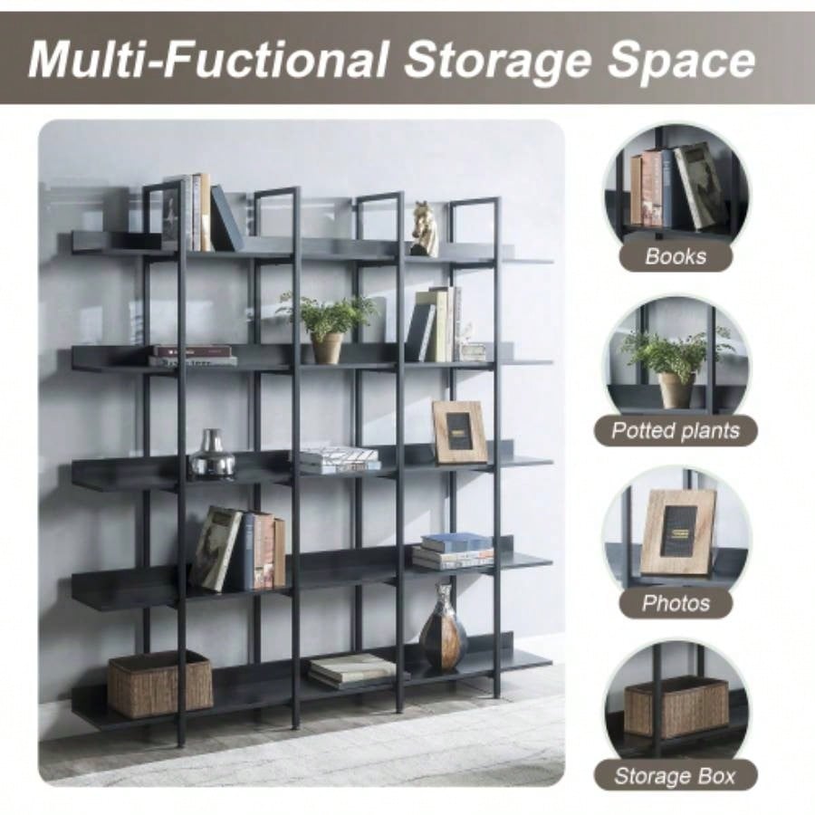 VIDEO 5 Tier Bookcase Home Office Open Bookshelf, Vintage Industrial Style Shelf with Metal Frame, MDF Board Old Sku: WF286176AAB