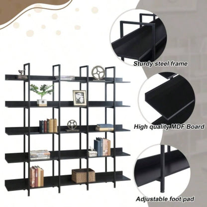 VIDEO 5 Tier Bookcase Home Office Open Bookshelf, Vintage Industrial Style Shelf with Metal Frame, MDF Board Old Sku: WF286176AAB