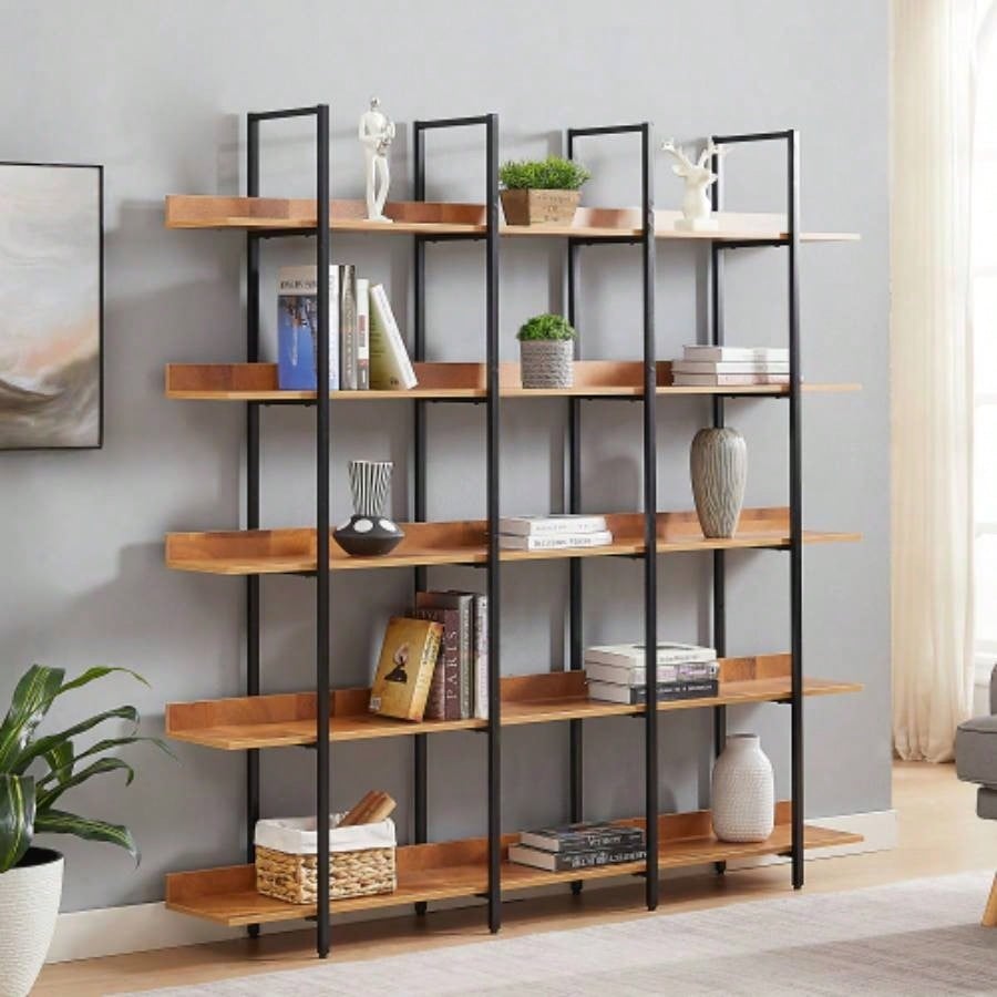 VIDEO 5 Tier Bookcase Home Office Open Bookshelf, Vintage Industrial Style Shelf with Metal Frame, MDF Board Old Sku: WF286176AAB