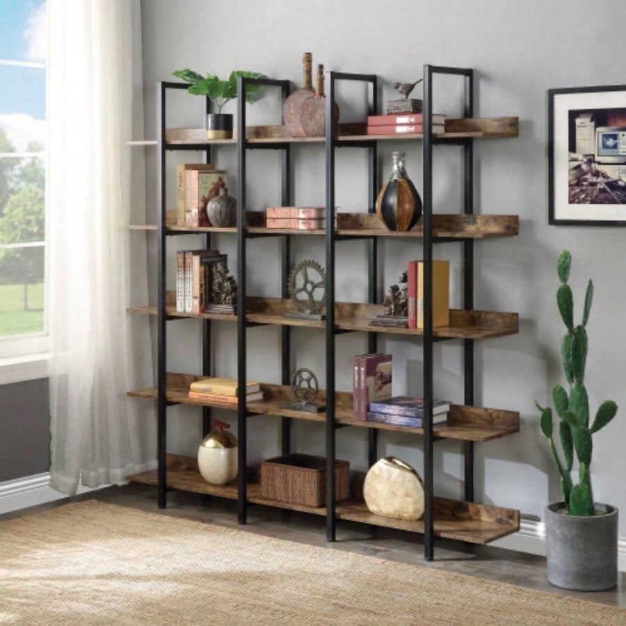 VIDEO 5 Tier Bookcase Home Office Open Bookshelf, Vintage Industrial Style Shelf with Metal Frame, MDF Board Old Sku: WF286176AAB