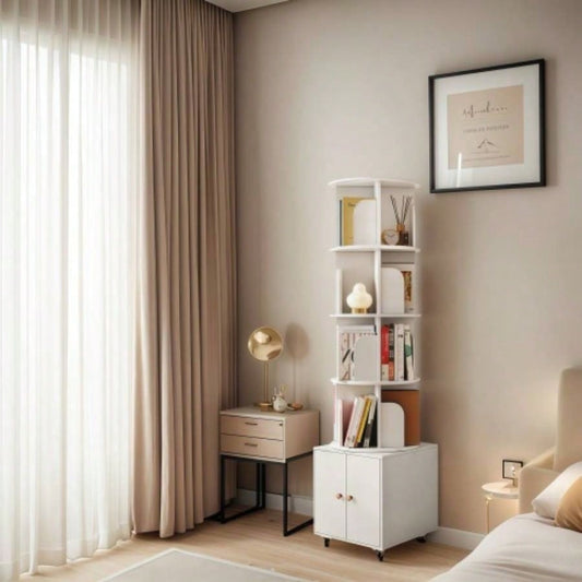 Rotating Bookshelf, 360 Degree Display 5 Tier Corner Bookshelf with Drawer Small Space, Floor Standing Bookcase Storage Rack, Wood Narrow Book Shelf Organizer Bedroom, Living Room WHITE
