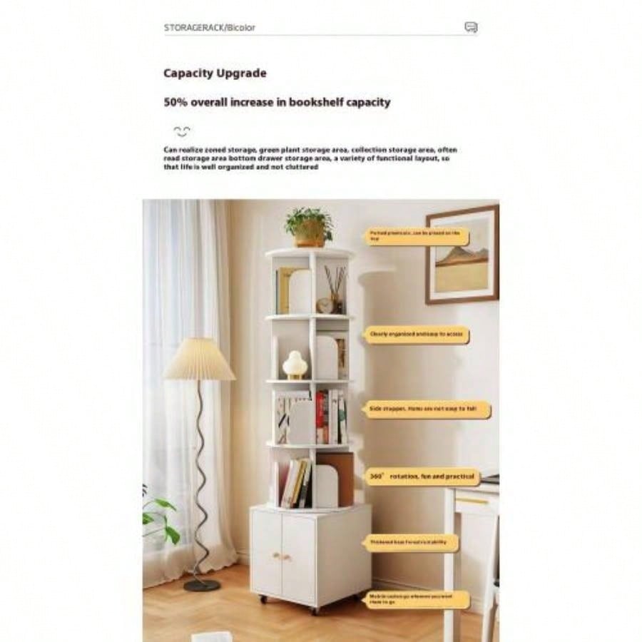 Rotating Bookshelf, 360 Degree Display 5 Tier Corner Bookshelf with Drawer Small Space, Floor Standing Bookcase Storage Rack, Wood Narrow Book Shelf Organizer Bedroom, Living Room WHITE
