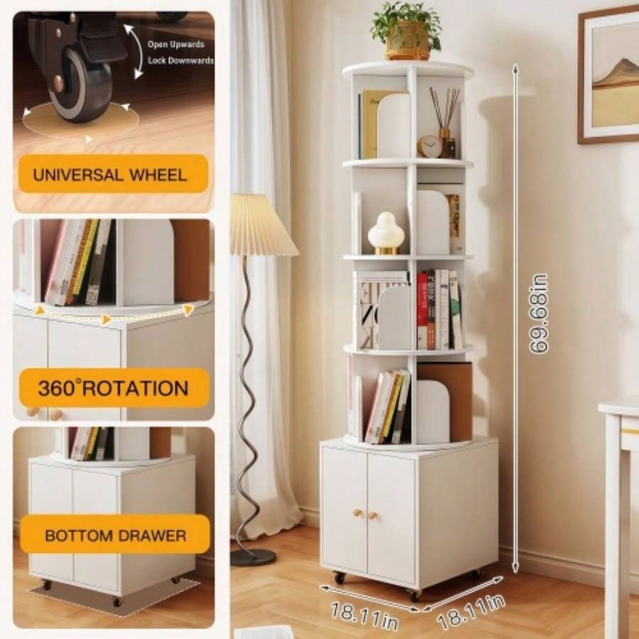 Rotating Bookshelf, 360 Degree Display 5 Tier Corner Bookshelf with Drawer Small Space, Floor Standing Bookcase Storage Rack, Wood Narrow Book Shelf Organizer Bedroom, Living Room WHITE