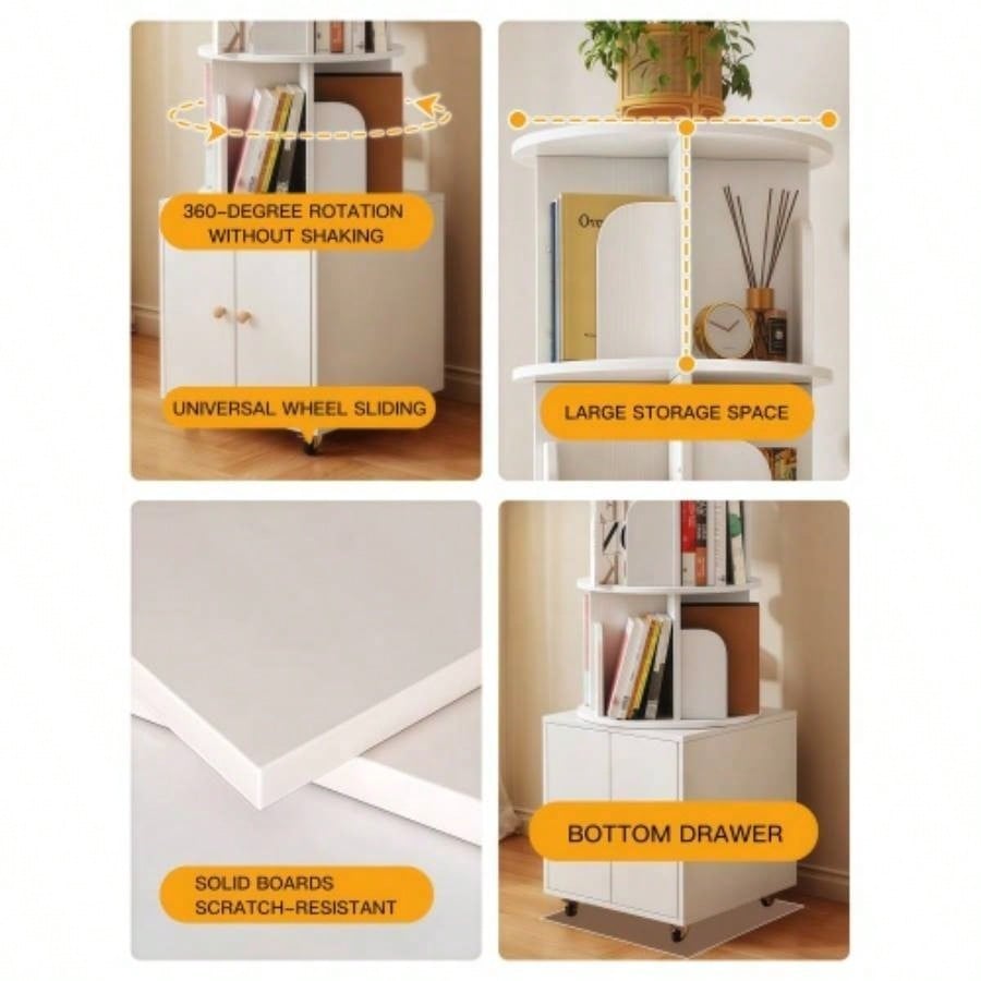 Rotating Bookshelf, 360 Degree Display 5 Tier Corner Bookshelf with Drawer Small Space, Floor Standing Bookcase Storage Rack, Wood Narrow Book Shelf Organizer Bedroom, Living Room WHITE