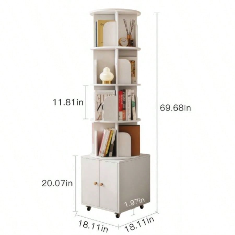 Rotating Bookshelf, 360 Degree Display 5 Tier Corner Bookshelf with Drawer Small Space, Floor Standing Bookcase Storage Rack, Wood Narrow Book Shelf Organizer Bedroom, Living Room WHITE