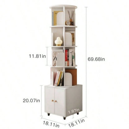 Rotating Bookshelf, 360 Degree Display 5 Tier Corner Bookshelf with Drawer Small Space, Floor Standing Bookcase Storage Rack, Wood Narrow Book Shelf Organizer Bedroom, Living Room WHITE