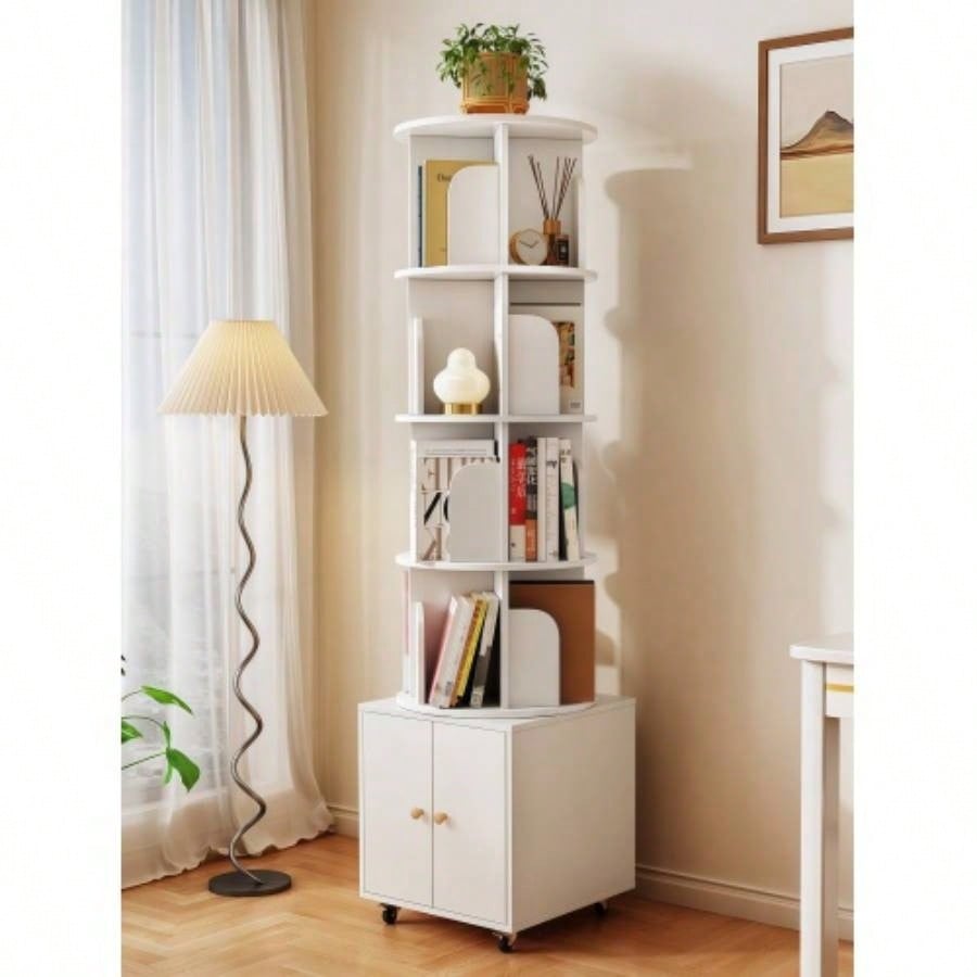 Rotating Bookshelf, 360 Degree Display 5 Tier Corner Bookshelf with Drawer Small Space, Floor Standing Bookcase Storage Rack, Wood Narrow Book Shelf Organizer Bedroom, Living Room WHITE