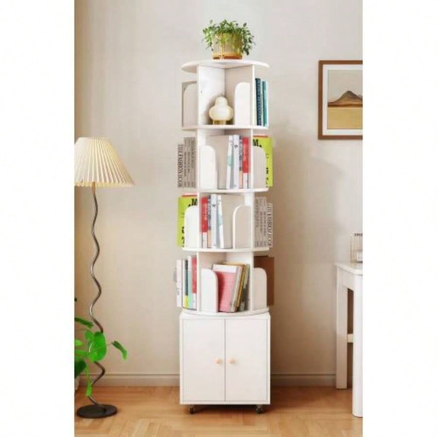 Rotating Bookshelf, 360 Degree Display 5 Tier Corner Bookshelf with Drawer Small Space, Floor Standing Bookcase Storage Rack, Wood Narrow Book Shelf Organizer Bedroom, Living Room WHITE