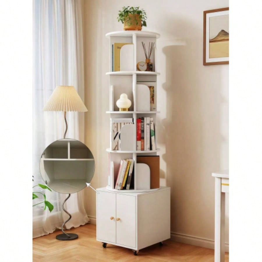 Rotating Bookshelf, 360 Degree Display 5 Tier Corner Bookshelf with Drawer Small Space, Floor Standing Bookcase Storage Rack, Wood Narrow Book Shelf Organizer Bedroom, Living Room WHITE