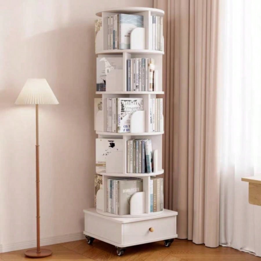 Rotating Bookshelf, 360 Degree Display 5 Tier Corner Bookshelf with Drawer Small Space, Floor Standing Bookcase Storage Rack, Wood Narrow Book Shelf Organizer Bedroom, Living Room WHITE