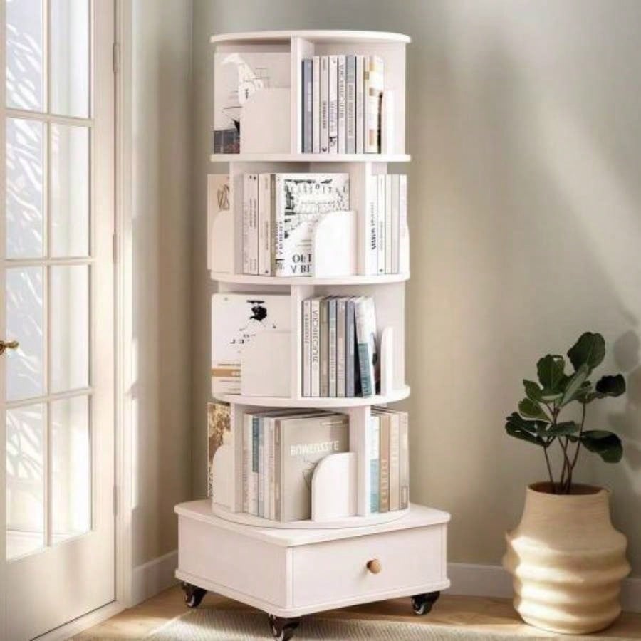 Rotating Bookshelf, 360 Degree Display 5 Tier Corner Bookshelf with Drawer Small Space, Floor Standing Bookcase Storage Rack, Wood Narrow Book Shelf Organizer Bedroom, Living Room WHITE
