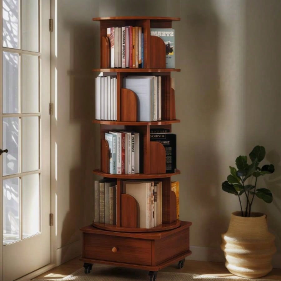 Rotating Bookshelf, 360 Degree Display 5 Tier Corner Bookshelf with Drawer Small Space, Floor Standing Bookcase Storage Rack, Wood Narrow Book Shelf Organizer Bedroom, Living Room WHITE