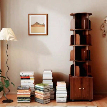 Rotating Bookshelf, 360 Degree Display 5 Tier Corner Bookshelf with Drawer Small Space, Floor Standing Bookcase Storage Rack, Wood Narrow Book Shelf Organizer Bedroom, Living Room WHITE