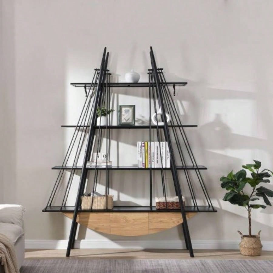 Sailboat - Inspired Bookshelf, 70.87 inch Industrial 4 - Tier Open Storage Shelf with Drawer, Wooden Metal Freestanding Bookcase, Sturdy Display Rack Living Room, Office Home Decoration.