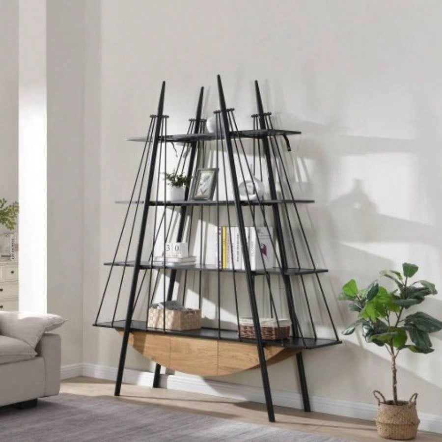 Sailboat - Inspired Bookshelf, 70.87 inch Industrial 4 - Tier Open Storage Shelf with Drawer, Wooden Metal Freestanding Bookcase, Sturdy Display Rack Living Room, Office Home Decoration.