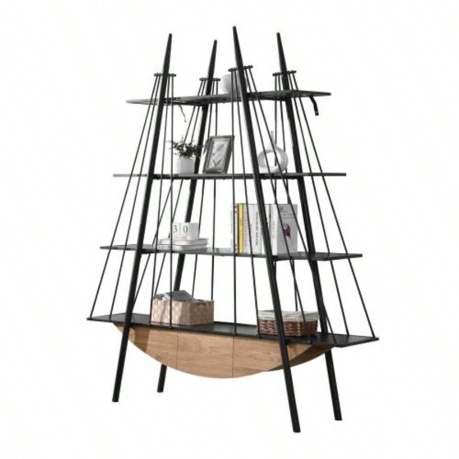 Sailboat - Inspired Bookshelf, 70.87 inch Industrial 4 - Tier Open Storage Shelf with Drawer, Wooden Metal Freestanding Bookcase, Sturdy Display Rack Living Room, Office Home Decoration.