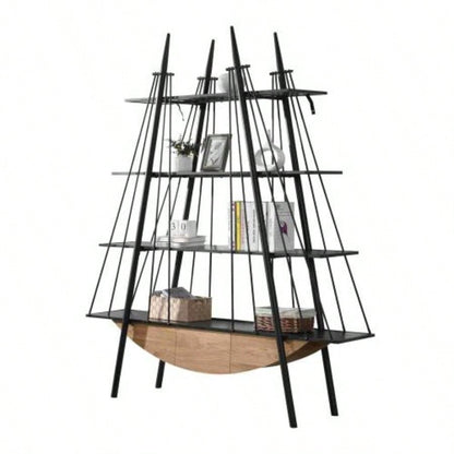 Sailboat - Inspired Bookshelf, 70.87 inch Industrial 4 - Tier Open Storage Shelf with Drawer, Wooden Metal Freestanding Bookcase, Sturdy Display Rack Living Room, Office Home Decoration.