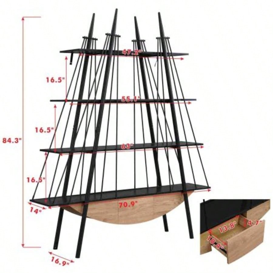 Sailboat - Inspired Bookshelf, 70.87 inch Industrial 4 - Tier Open Storage Shelf with Drawer, Wooden Metal Freestanding Bookcase, Sturdy Display Rack Living Room, Office Home Decoration.