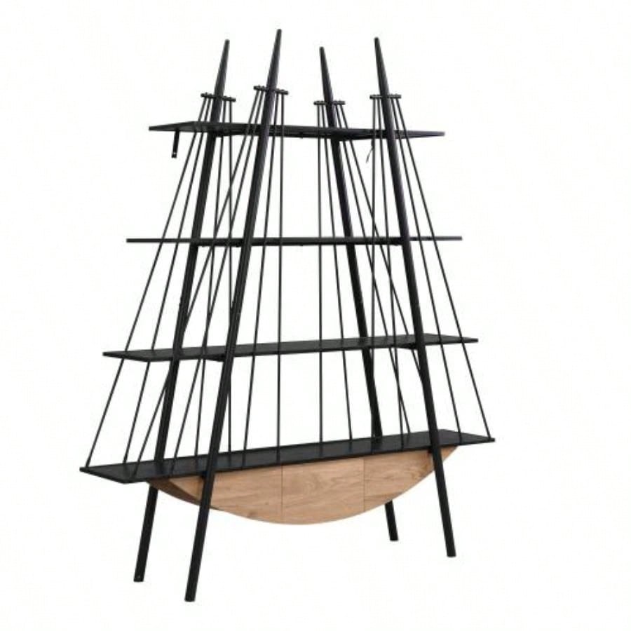 Sailboat - Inspired Bookshelf, 70.87 inch Industrial 4 - Tier Open Storage Shelf with Drawer, Wooden Metal Freestanding Bookcase, Sturdy Display Rack Living Room, Office Home Decoration.