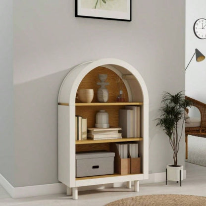 Arched Small Bookcase, Arched Storage Cabinet, Wooden Modern Arched Top Bookshelf with 3 Shelves, White with Woodgrain Shelves, 3 - Tier Storage Shelf Living Room, Bedroom, Entryway