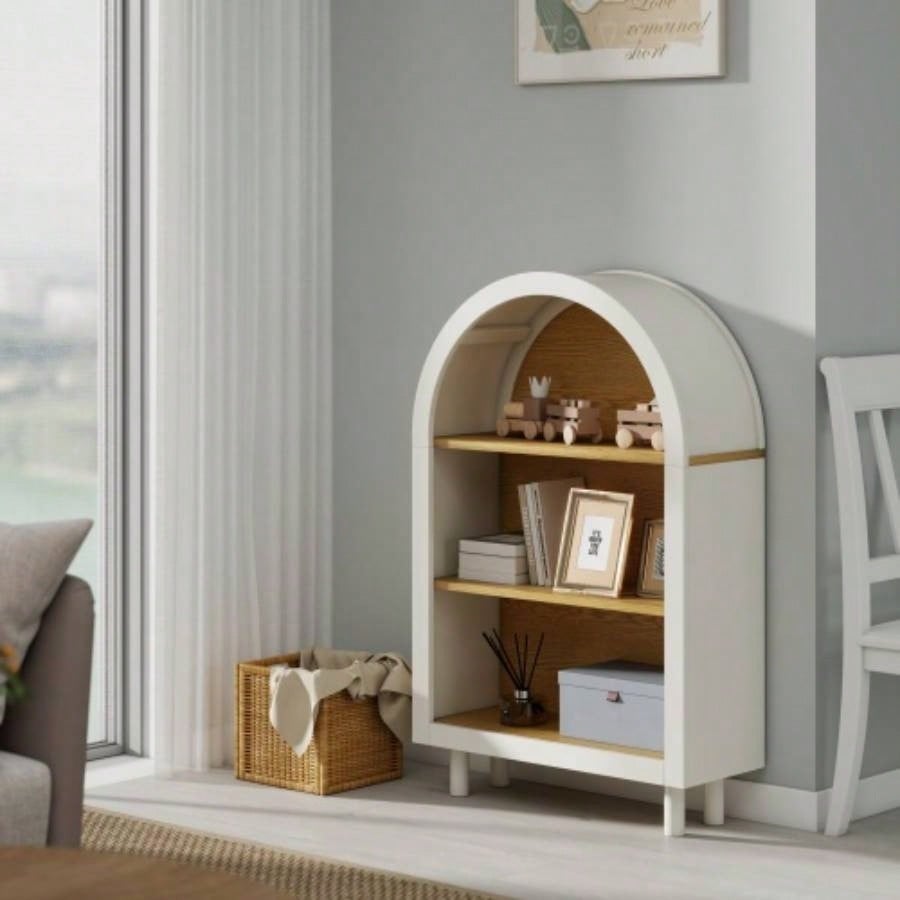 Arched Small Bookcase, Arched Storage Cabinet, Wooden Modern Arched Top Bookshelf with 3 Shelves, White with Woodgrain Shelves, 3 - Tier Storage Shelf Living Room, Bedroom, Entryway