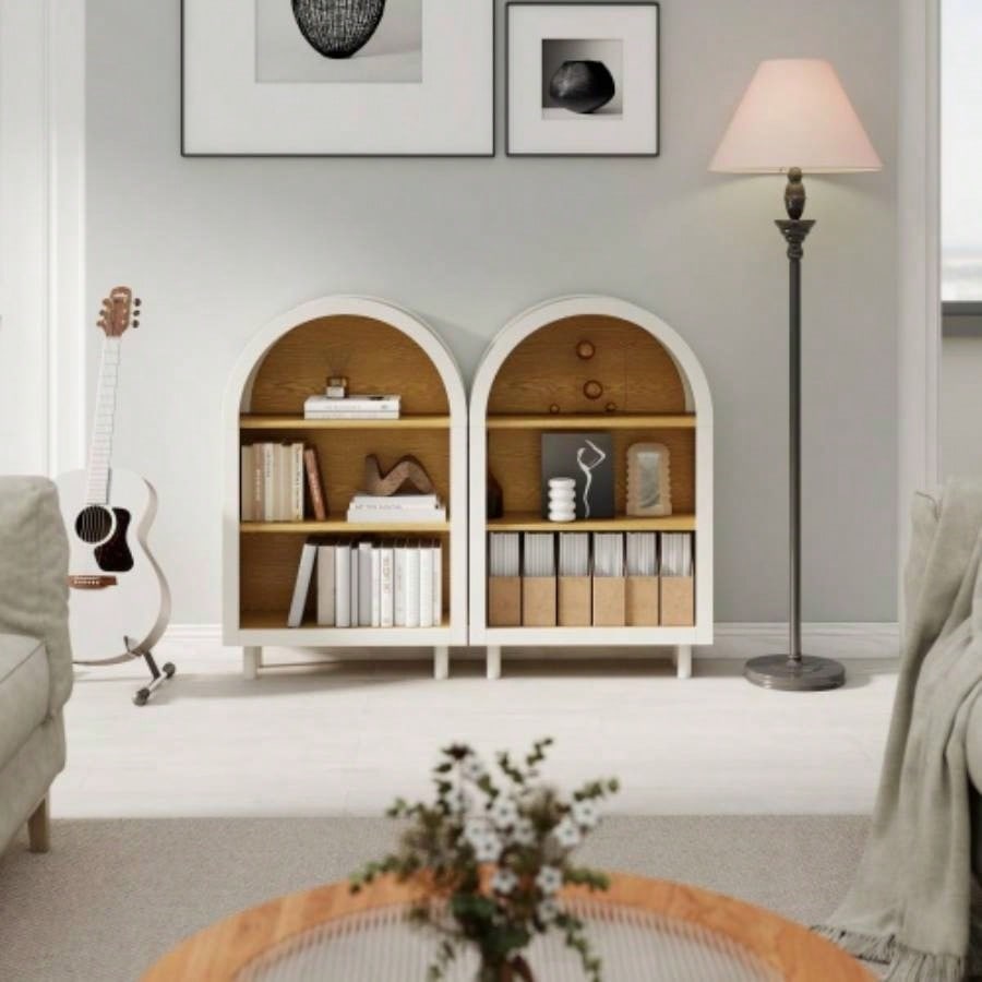 Arched Small Bookcase, Arched Storage Cabinet, Wooden Modern Arched Top Bookshelf with 3 Shelves, White with Woodgrain Shelves, 3 - Tier Storage Shelf Living Room, Bedroom, Entryway